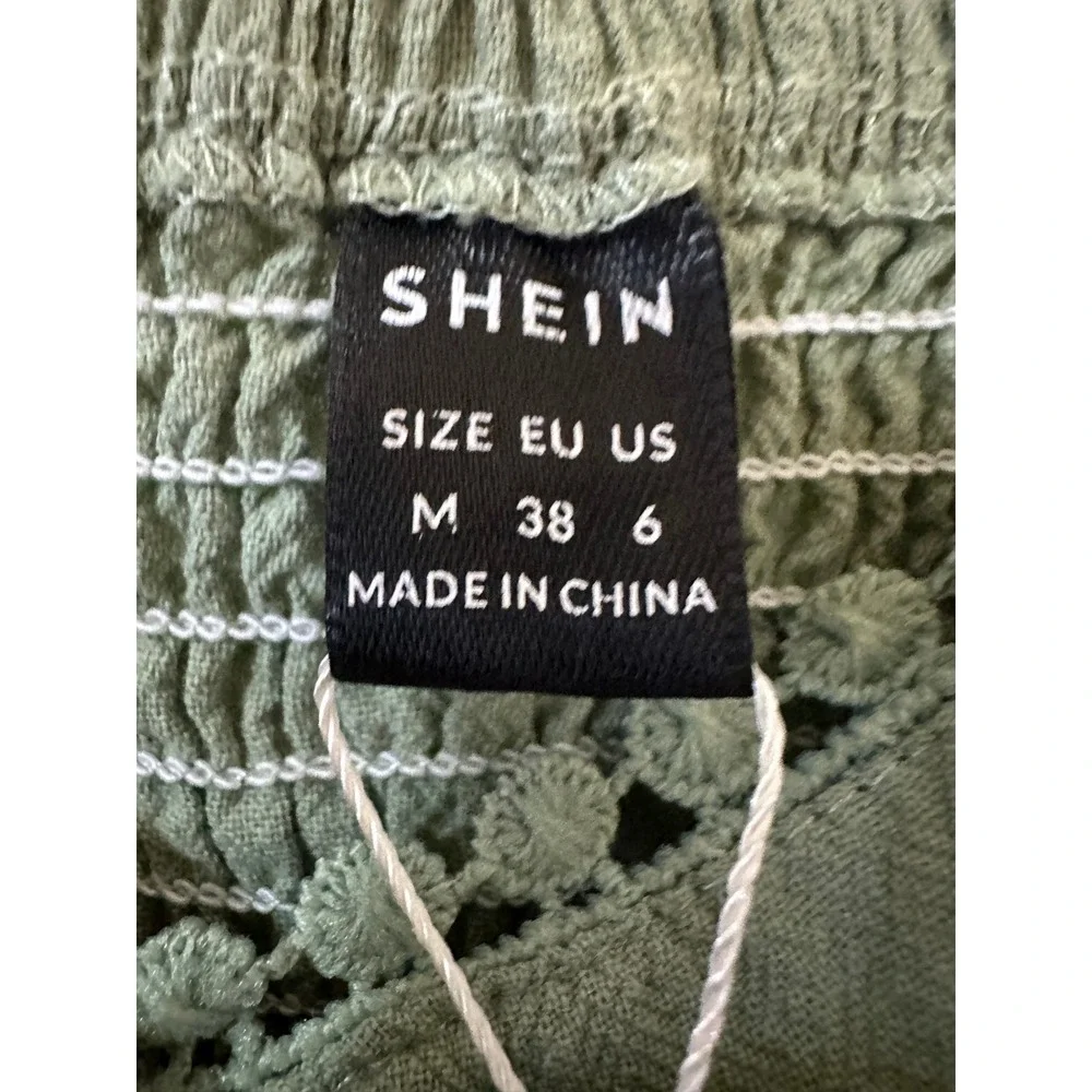 SHEIN VCAY Sage Green Cotton Puff Sleeve Smocked Mini Dress Crochet Trim Size M‎